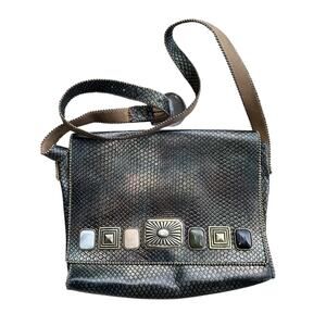 1992 Nina Arjani Leather 12x10" Shoulder Bag Cross Body Metallic Gold Snakeskin